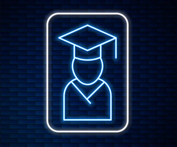 Λαμπερό neon line Graduate and graduation cap icon απομονώνονται σε τούβλο τοίχο φόντο. Διάνυσμα — Διανυσματικό Αρχείο