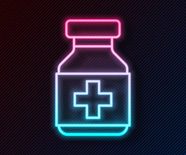 Linha de néon brilhante garrafa de medicina e pílulas ícone isolado no fundo preto. Sinal de pílula de garrafa. Design de farmácia. Vetor —  Vetores de Stock