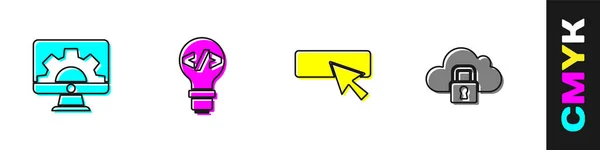 Establecer desarrollo web, front-end, interfaz de usuario o diseño de UX y el icono de bloqueo de computación en la nube. Vector — Archivo Imágenes Vectoriales