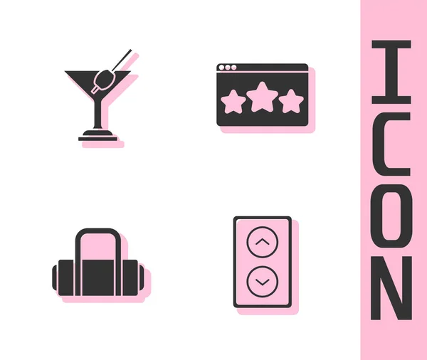 Set Lift, Martini glass, Suitcase and Five stars review icon. Вектор — стоковий вектор