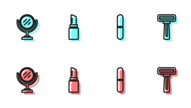 Tırnak törpüsü, yuvarlak makyaj aynası, ruj ve tıraş jileti ikonu. Vektör