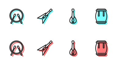 Gitar, davul ve bagetler, elektro bas gitar ve ikon. Vektör