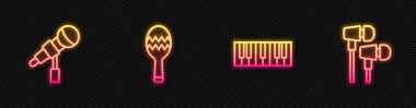 Müzik sentezleyicisi, mikrofon, marakas ve hava kulaklıkları ayarlayın. Parlayan neon ikonu. Vektör