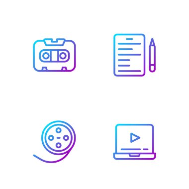 Set line Online oynatma videosu, film makarası, Retro ses kaseti ve senaryo. Renk simgeleri. Vektör