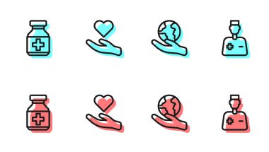 El ele tutuşan dünya küresi, ilaç şişesi hapları, kalp el ve erkek doktor ikonu. Vektör