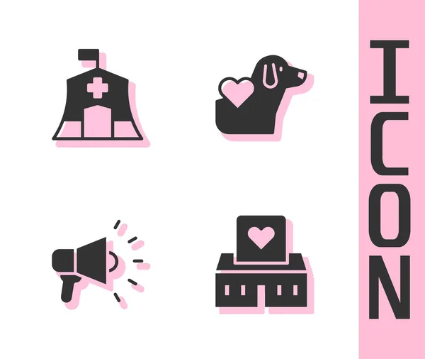 Set Centre de bénévoles, tente médicale d'urgence, mégaphone et coeur avec icône de chien. Vecteur — Image vectorielle