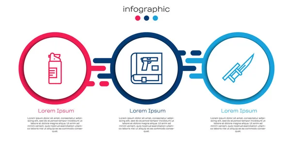 Установить линию Оружие бутылка масла, Книга с пистолетом или пистолетом и штык винтовки. Бизнес-инфографический шаблон. Вектор — стоковый вектор