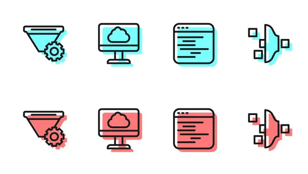 Définir le logiciel de ligne, réglage de filtre, transfert de données de technologie Cloud et icône. Vecteur — Image vectorielle