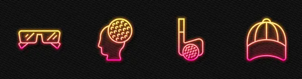 Zestaw linii Golf club z piłką, Okulary, i czapka z daszkiem. Świecąca neonowa ikona. Wektor — Wektor stockowy