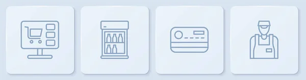 Set line Warenkorb auf Computer, Kreditkarte, Gewerbekühlschrank und Verkäufer. Weiße quadratische Taste. Vektor — Stockvektor
