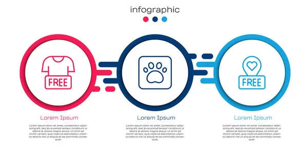 Definir linha Doação de roupas, Paw print e Localização com o coração. Modelo de infográfico de negócios. Vetor — Vetor de Stock