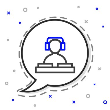 Kayıt güvertesi simgesinin önünde kulaklık takan çizgi DJ 'i beyaz arka planda izole edildi. DJ müzik çalıyor. Renkli taslak konsepti. Vektör