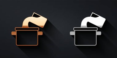 Altın ve gümüş tencere ikonu siyah arka planda izole edilmiş. Haşlama ya da güveç besin sembolü. Uzun gölge tarzı. Vektör.