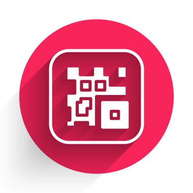 Akıllı telefon tarama simgesi uzun gölgeli beyaz QR kod örneği. Kırmızı daire düğmesi. Vektör.