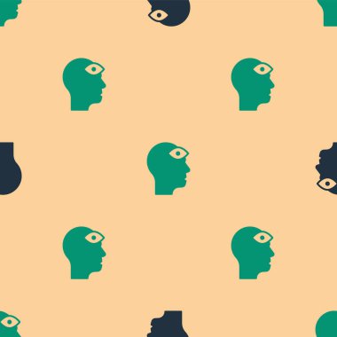 Üçüncü göz ikonuna sahip yeşil ve siyah adam bej arka planda izole edilmiş pürüzsüz desen. Meditasyon konsepti, enerji vizyonu, aura. Vektör.