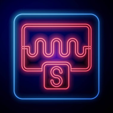 Parlayan neon müzik dalgası eşitleyici simgesi siyah arkaplanda izole edildi. Ses dalgası. Ses dijital dengeleyici teknolojisi, konsol paneli, nabız müzikali. Vektör.