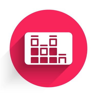 Beyaz Müzik Dengeleyici simgesi uzun gölgeyle izole edildi. Ses dalgası. Ses dijital dengeleyici teknolojisi, konsol paneli, nabız müzikali. Kırmızı daire düğmesi. Vektör.