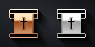 Siyah arka planda Hristiyan haçı simgesi olan altın ve gümüş bayrak. Uzun gölge tarzı. Vektör.