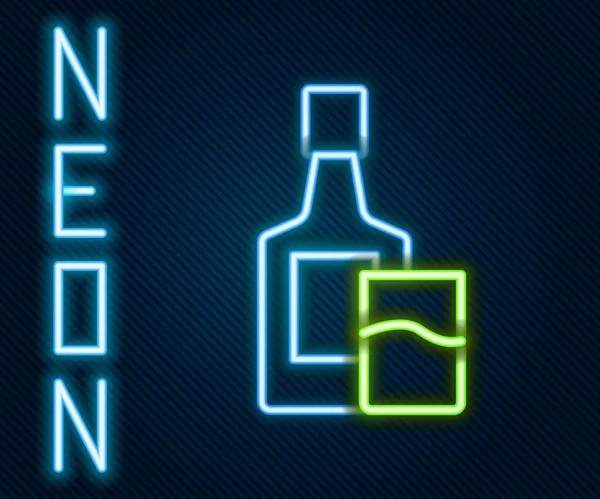 Gloeiende Neon Lijn Whiskey Fles Glas Pictogram Geïsoleerd Zwarte Achtergrond — Stockvector