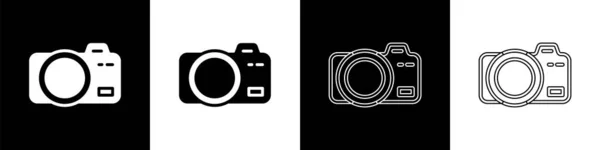设置相片相机图标隔离在黑白背景 脚踏相机 数字摄影 — 图库矢量图片