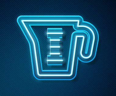 Parlayan neon çizgisi, mavi arkaplanda izole edilmiş kuru ve sıvı yiyecek ikonunu ölçmek için ölçme kabı. Plastik şişenin sapı var. Vektör.