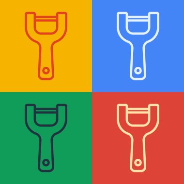 Pop sanat eseri Sebze soyucu simgesi renk arkaplanında izole edildi. Sebze temizlemek için bıçak. Mutfak eşyası, alet edevat. Vektör.