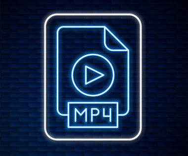 Parlayan neon hattı MP4 dosya belgesi. Tuğla duvar arka planında izole edilmiş mp4 simgesi indir. MP4 dosya sembolü. Vektör.
