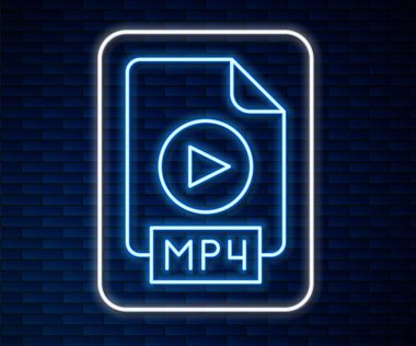 Glowing neon line MP4 file document. Download mp4 button icon isolated on brick wall background. MP4 file symbol.  Vector. clipart