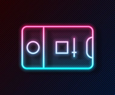 Parlak neon hattı cep telefonu ve siyah arkaplanda izole edilmiş kamera çerçevesi simgesi. Mobil uygulama uygulaması. Fotoğraf ve video çekimi. Vektör.