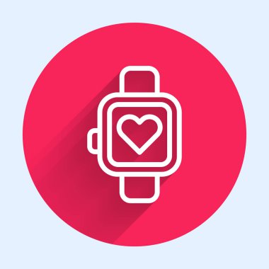 Beyaz çizgi akıllı saat kalp atışı simgesini uzun gölgeli gösteriyor. Fitness uygulaması konsepti. Kırmızı daire düğmesi. Vektör.