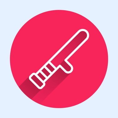 Beyaz çizgi polis kauçuk çubuk ikonu uzun gölgeli izole edildi. Kauçuk copu. Polis yarasası. Polis ekipmanları. Kırmızı daire düğmesi. Vektör.