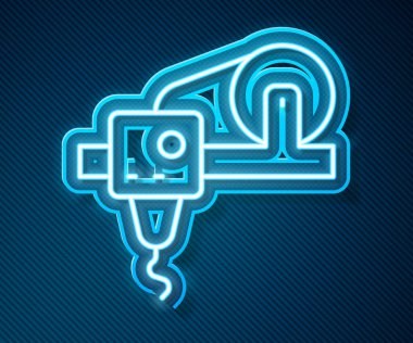 Parlayan neon hattı 3D yazıcı simgesi mavi arkaplanda izole edildi. 3D baskı. Vektör.