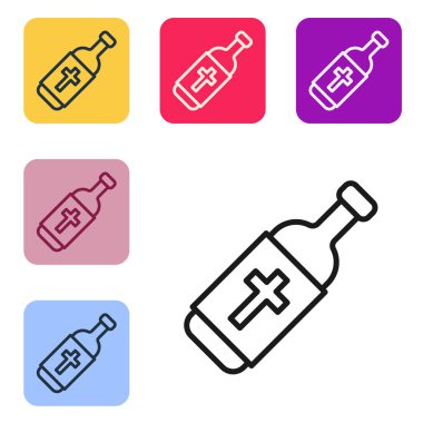 Siyah çizgi kutsal su şişesi simgesi beyaz arkaplanda izole edilmiş. Sihirli sıvıyla birlikte cam şişe. Renkli kare düğmelerle simgeleri ayarla. Vektör.