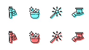 Sihirli değnek, aşk iksiri şişesi, cadı kazanı ve sihirbaz şapkası. Vektör