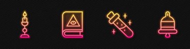 Şişeyi iksirle, yanan mumla, Kadim büyü kitabıyla ve alarm ziliyle ayarla. Parlayan neon ikonu. Vektör