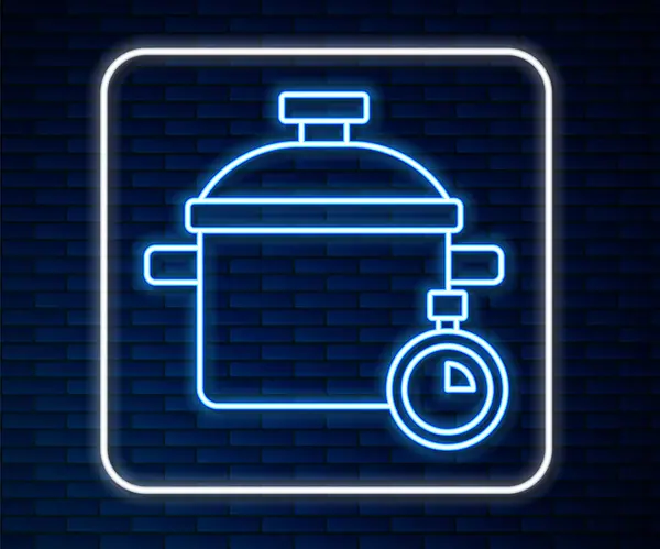 发光的霓虹灯线烹饪壶图标隔离在砖墙背景 蒸煮或炖煮食品的象征 — 图库矢量图片