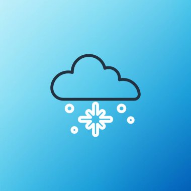 Mavi arkaplanda kar simgesi olan çizgi bulutu. Kar taneli bulut. Tek hava ikonu. Kar tabelası. Renkli taslak konsepti. Vektör