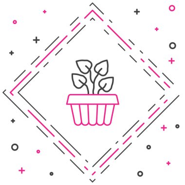 Beyaz arka planda izole edilmiş bir tencere ikonunda bulunan çizgi içi bitki sarmaşığı. Yapraklı dal. Renkli taslak konsepti. Vektör