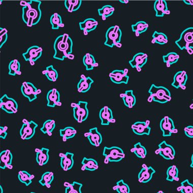 Kulaklık simgesine sahip Çizgi Adam siyah arkaplanda kusursuz desen izole etti. Destek operatörü hatta. Çağrı merkezi konsepti, müşteri destek servisi. Vektör