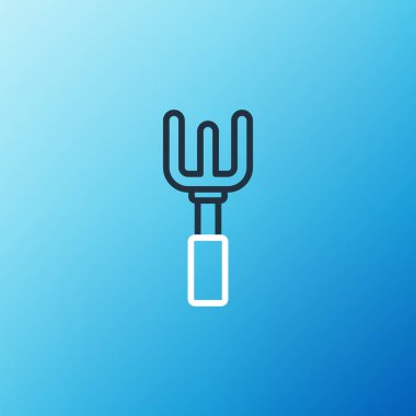 Çizgi Bahçesi tırmık simgesi mavi arkaplanda izole edildi. Bahçecilik, tarım, çiftçilik aleti. Toprak işçisi. Temizlik ekipmanları. Renkli taslak konsepti. Vektör