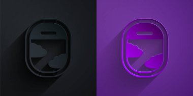 Kağıt kesiği uçak penceresi simgesi mor arka planda siyah üzerine izole edilmiş. Uçak lombozu. Kağıt sanatı tarzı. Vektör.