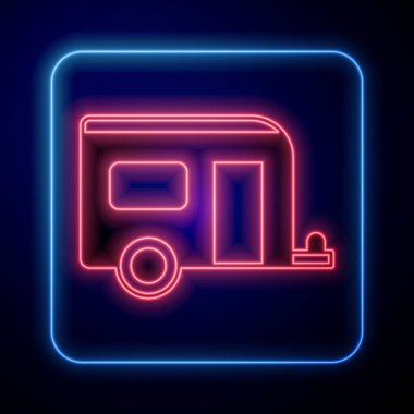 Parlayan neon karavan kampı simgesi siyah arkaplanda izole edildi. Gezici ev, karavan, yolculuk için ev karavanı. Vektör.