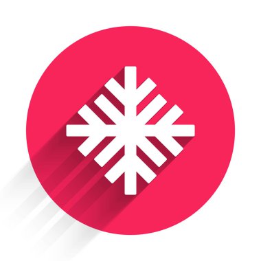 Beyaz Kar Tanesi simgesi uzun gölgeli izole edilmiş. Kırmızı daire düğmesi. Vektör.