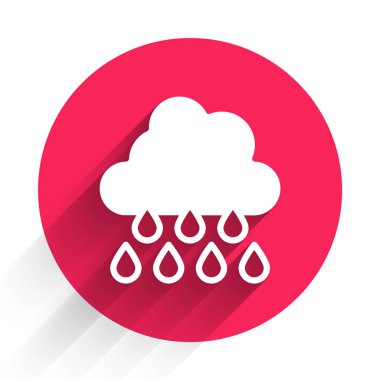 Uzun gölgeli, ikonlu beyaz bulut. Yağmur damlaları ile yağmur bulutu yağışı. Kırmızı daire düğmesi. Vektör.