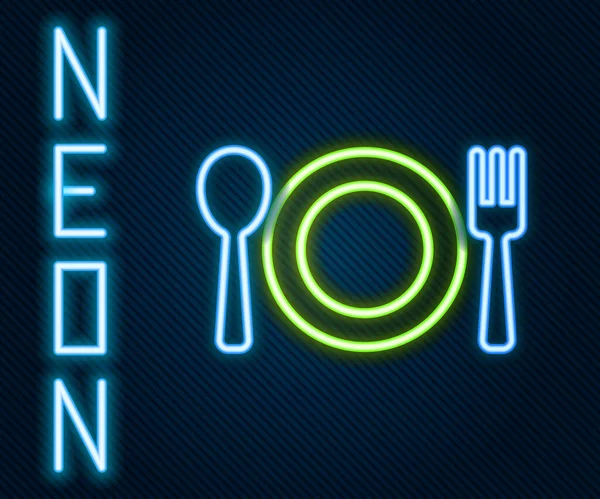 发光的霓虹灯线板 叉子和刀图标隔离在黑色背景上 餐具的象征 餐厅标志 五彩缤纷的概念 — 图库矢量图片
