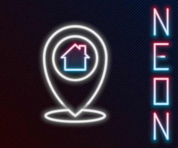 Gloeiende Neon Lijn Kaartaanwijzer Met Huis Pictogram Geïsoleerd Zwarte Achtergrond — Stockvector