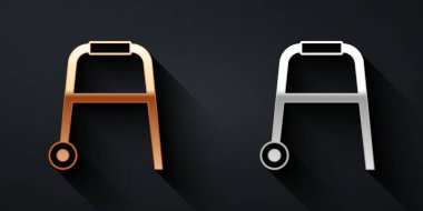 Siyah arka planda izole edilmiş engelli kişi simgesi için Altın ve Gümüş Yürütücü. Uzun gölge tarzı. Vektör.