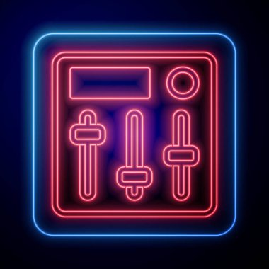 Parlayan neon ses karıştırıcı simgesi siyah arkaplanda izole edildi. DJ ekipman kaydırma düğmeleri. Konsol karıştırılıyor. Vektör.