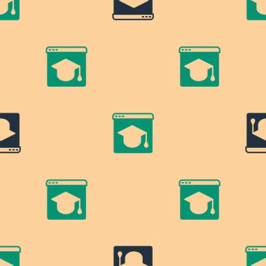 Yeşil ve siyah çevrimiçi eğitim ve mezuniyet ikonu bej arka planda kusursuz desen izole etti. İnternetteki öğretmen monitörde. Giyinme ve video semineri öğrenme. Vektör.