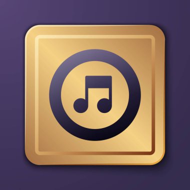 Mor müzik notası, mor arkaplanda izole edilmiş ton simgesi. Altın kare düğme. Vektör.